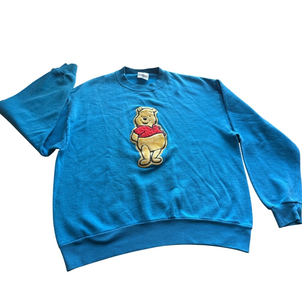 Vintage Jerzees Winnie the Pooh Sweatshirt Blue Fuzzy Patch Crewneck Large USA